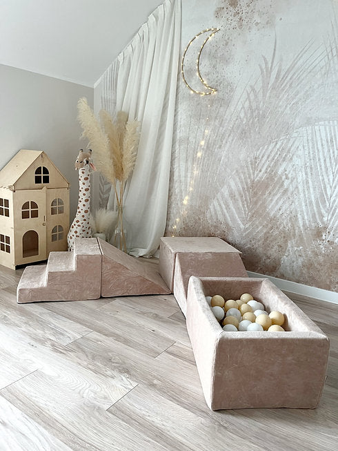 Moje. Moje. Speelset 5 elements + vierkant Ballenbad - Soft Velvet - Dark Beige - Decomusy