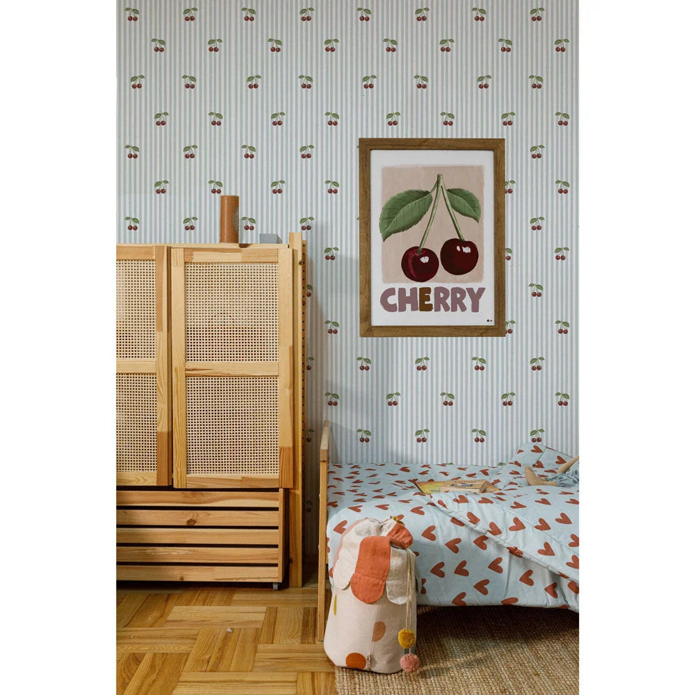 Dekornik Vliesbehang - Little Cherries on Blue Stripes