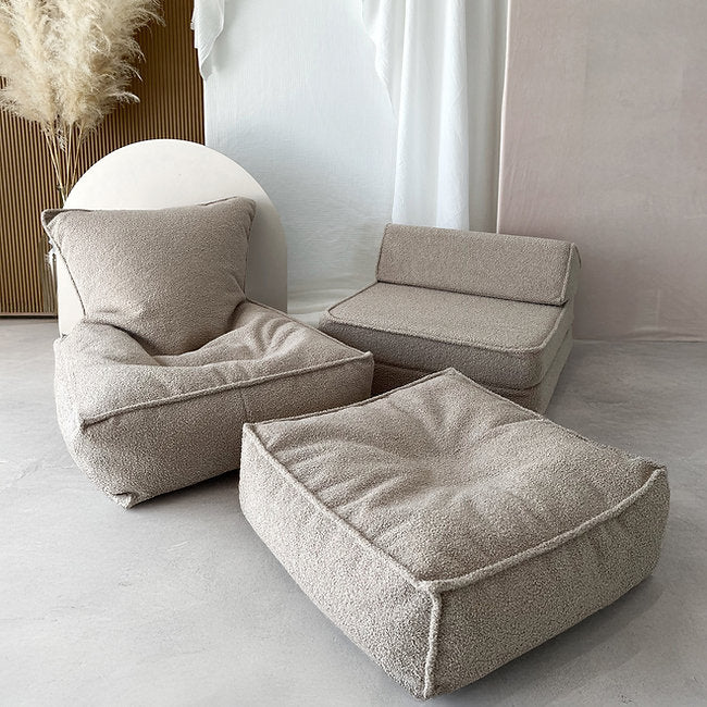 Moje. Moje. Bouclé Vierkante Kinderpoef Ottoman - Beige - Decomusy