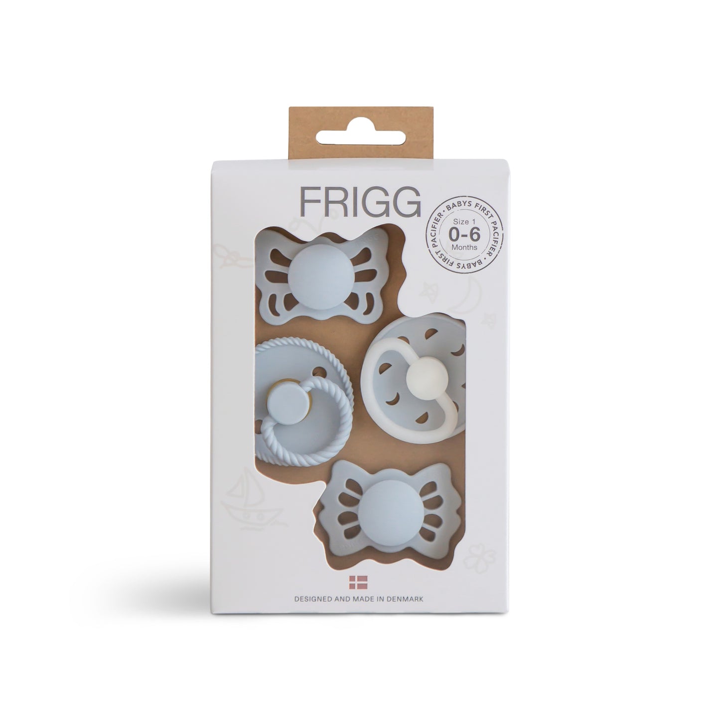 frigg Frigg Baby's First Pacifier Fopspenen Set - Powder Blue NIGHT - Decomusy