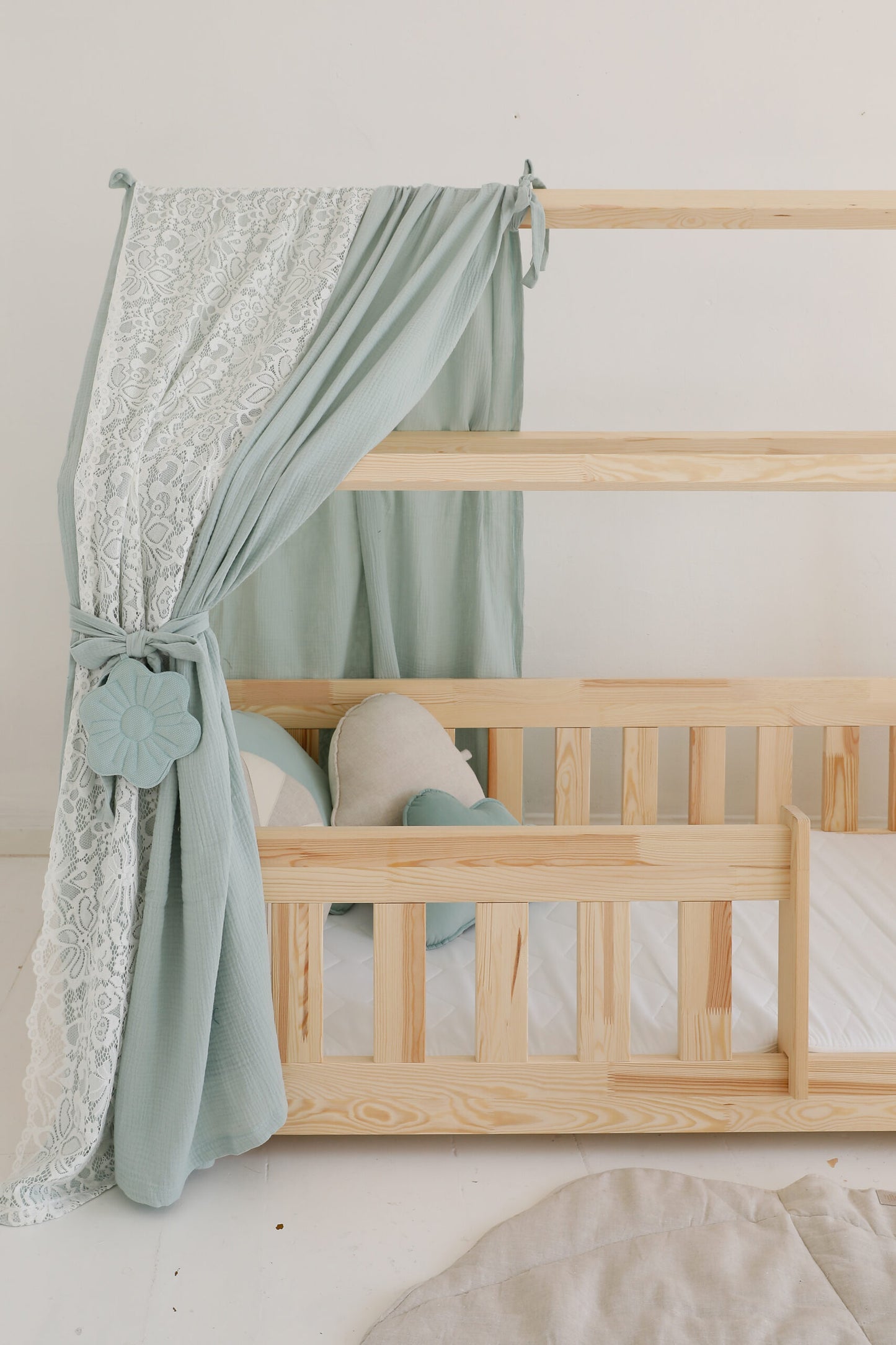 Moi Mili Moi Mili Mousseline Boho Bedhemel met kant voor Bedhuisje - Mint - Decomusy