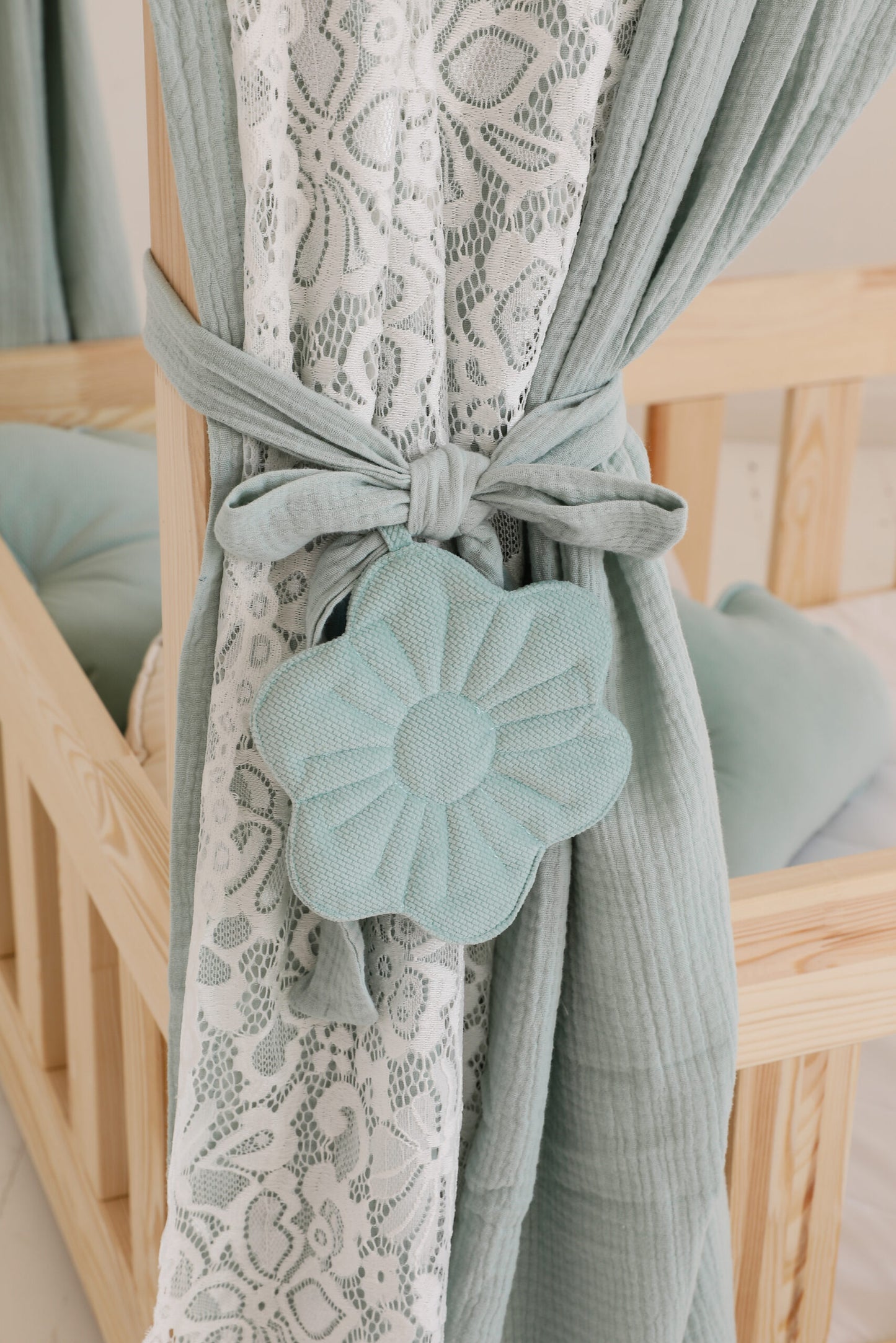 Moi Mili Moi Mili Mousseline Boho Bedhemel met kant voor Bedhuisje - Mint - Decomusy