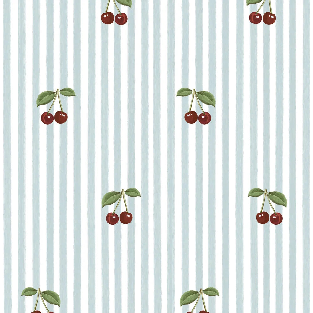 Dekornik Vliesbehang - Little Cherries on Blue Stripes