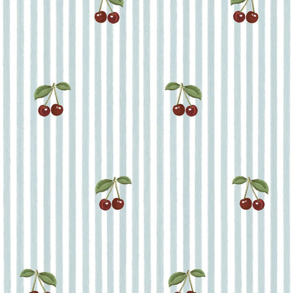 Dekornik Vliesbehang - Little Cherries on Blue Stripes