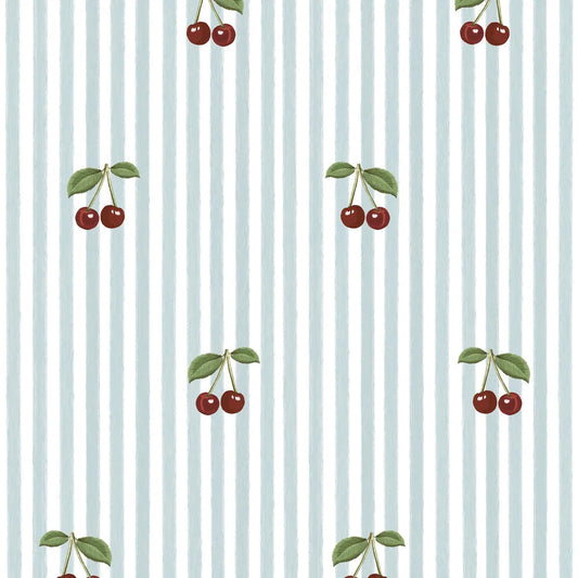 Dekornik Vliesbehang - Little Cherries on Blue Stripes