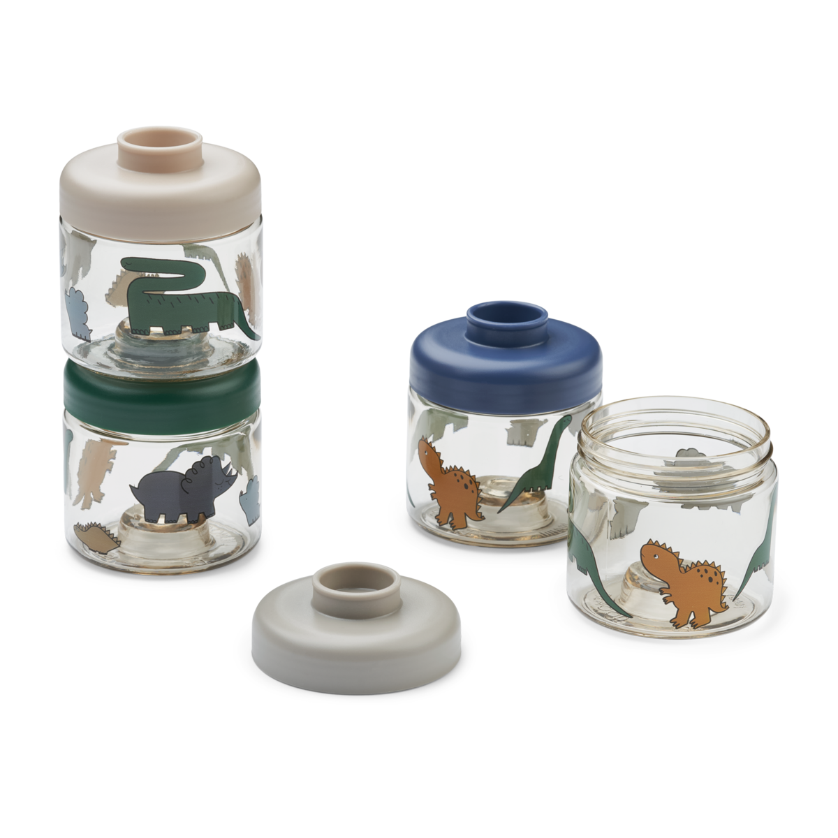 Liewood Liewood Set van 4 Stapelbare Bewaarpotjes - Dominique Baby Food Tritan Boxes - Dinosaurs / Mist - Decomusy