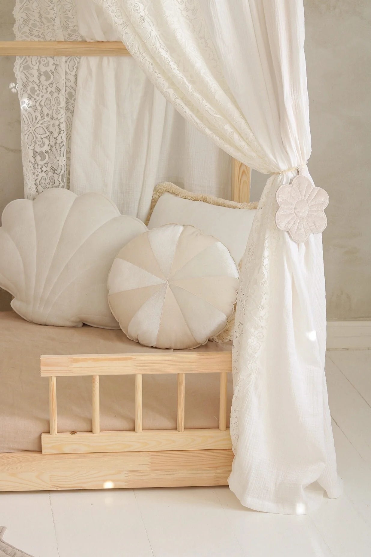Moi Mili Moi Mili Mousseline Boho Bedhemel met kant voor Bedhuisje - Wit - Decomusy