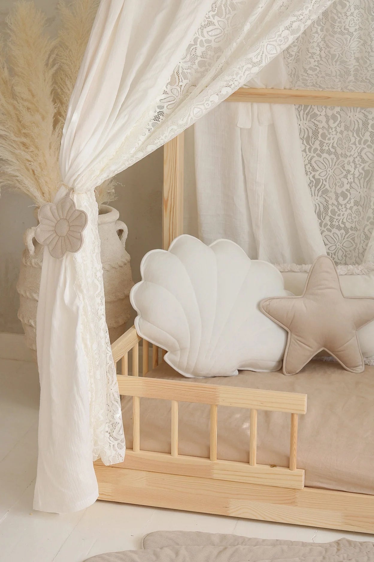 Moi Mili Moi Mili Mousseline Boho Bedhemel met kant voor Bedhuisje - Wit - Decomusy