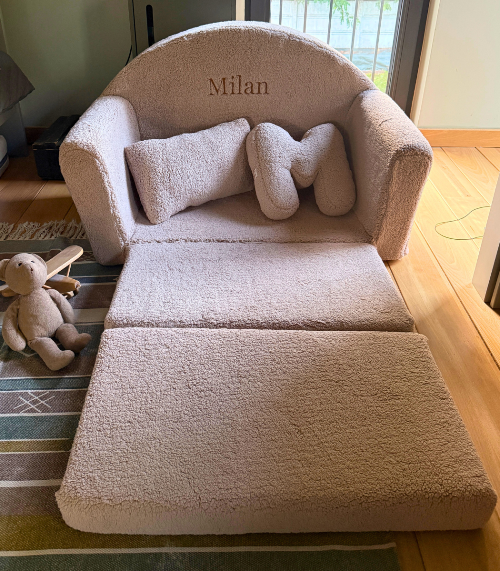 Muzpony Teddy mini sofa bed Beige - met geborduurde naam - Decomusy